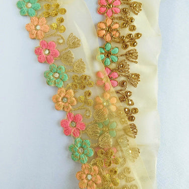 Gold Sheer Tissue Fabric Trim With Embroidered Pastel Pink, Green & Gold Flowers, Embellished With Beads